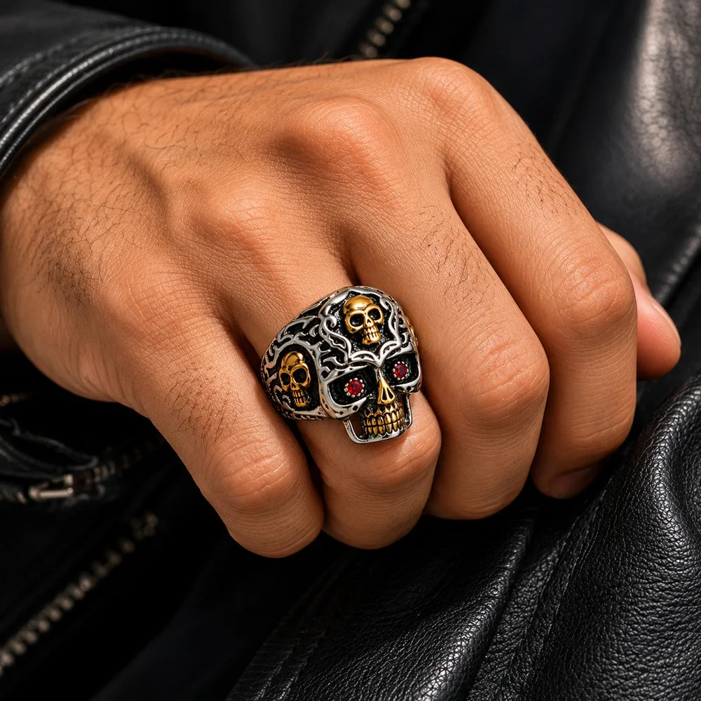 Skull Ring 316L Stainless Steel Biker Gothic Men Silver Gold motorcycle size 11